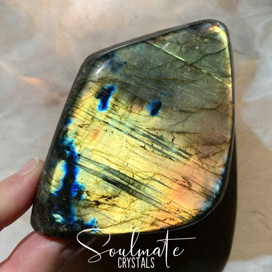 Soulmate Crystals Labradorite Polished Freeform Small XQ, Blue, Gold, Orange Flashy Crystal, Extra Quality Grade Mineral Specimen