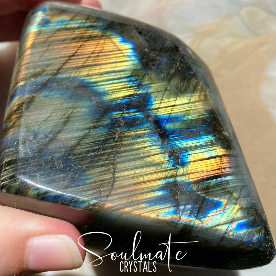 Soulmate Crystals Labradorite Polished Freeform Small XQ, Blue, Gold, Orange Flashy Crystal, Extra Quality Grade Mineral Specimen