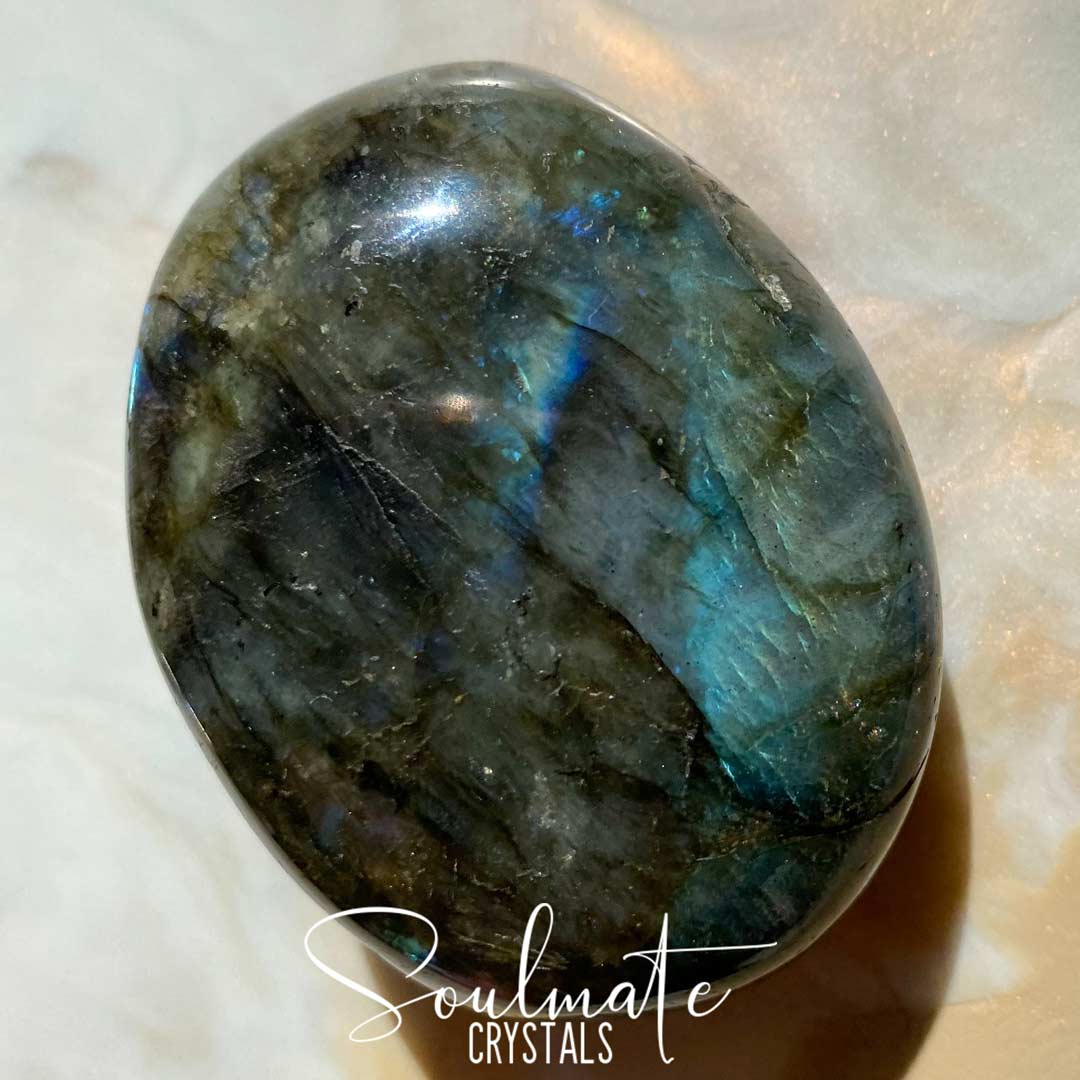 Soulmate Crystals Labradorite Polished Palm Stone, Blue Flashy Crystal, Size XL, Grade AA