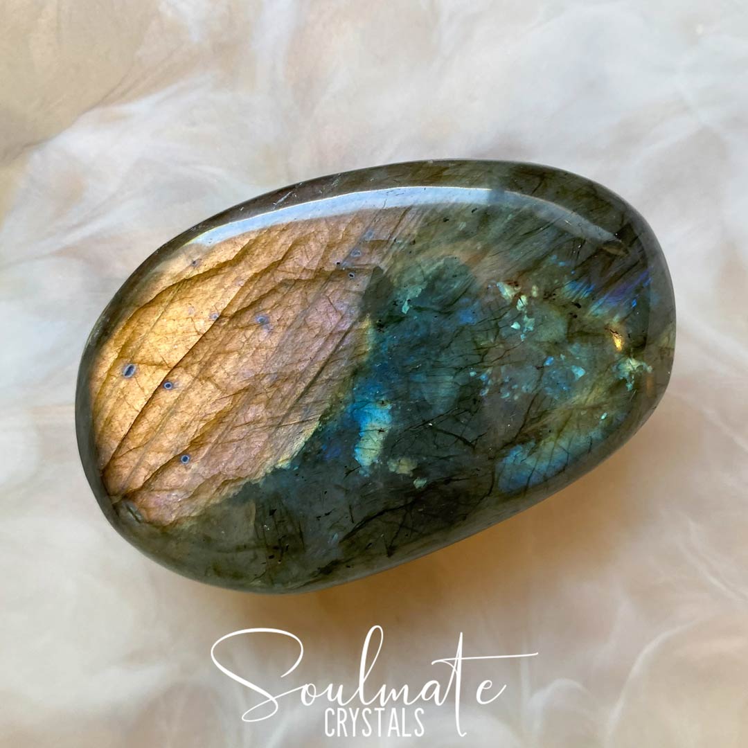 Soulmate Crystals Labradorite Polished Palm Stone, Orange Blue Flashy Crystal, Size XL, Grade AA