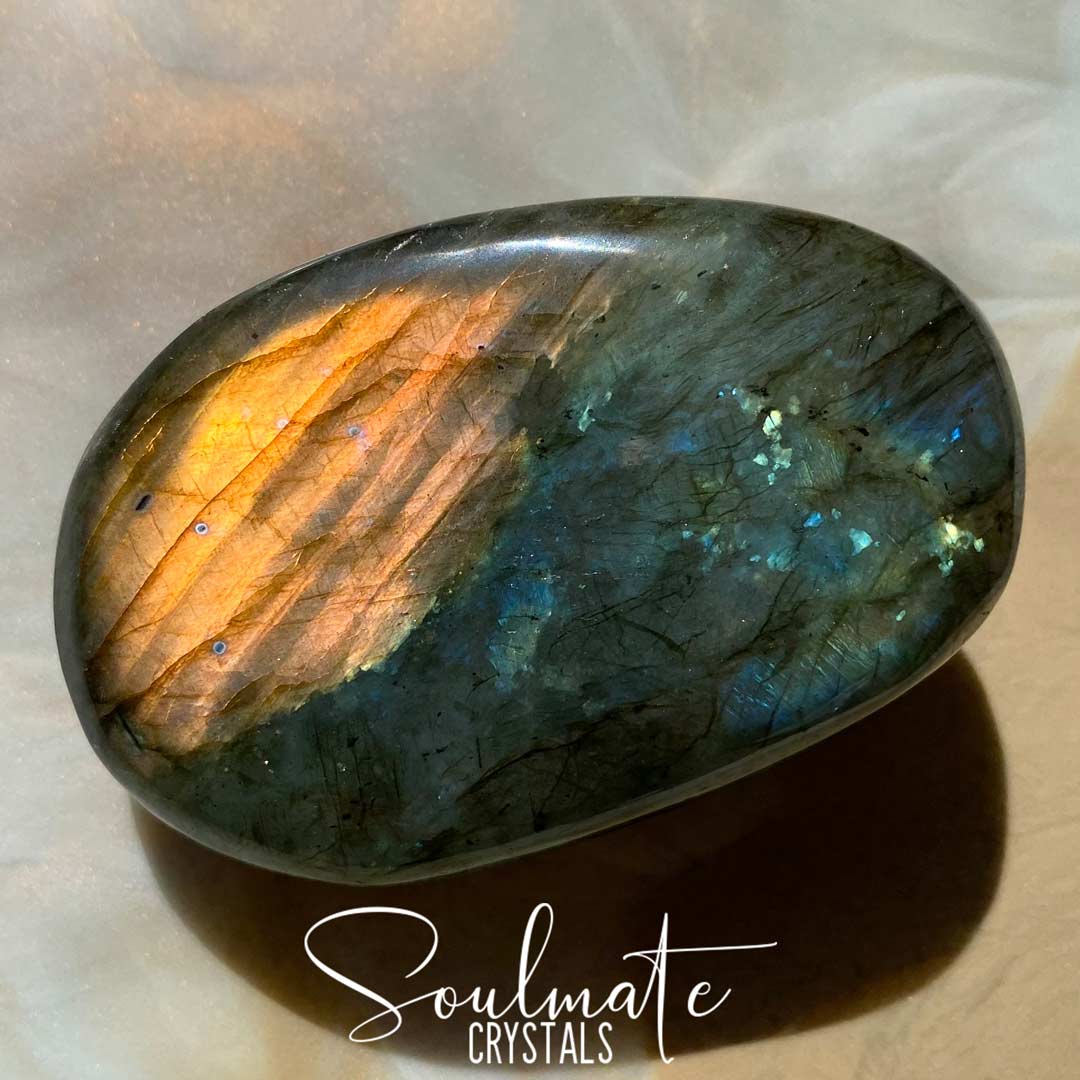 Soulmate Crystals Labradorite Polished Palm Stone, Orange Blue Flashy Crystal, Size XL, Grade AA