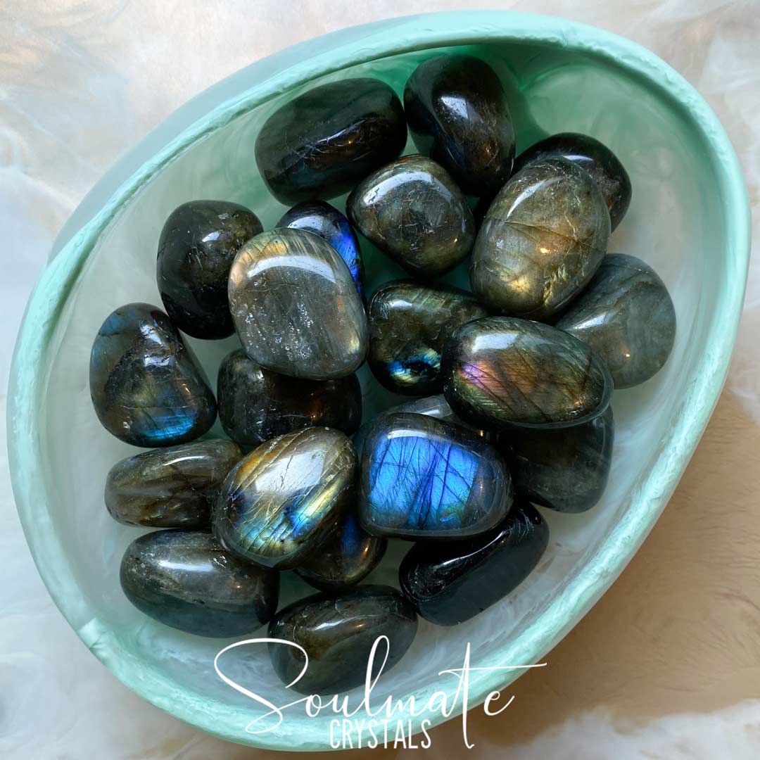 Soulmate Crystals Labradorite Tumbled Stone, Blue, Gold, Green Flash Polished Crystal for Intuition, Transformation, Higher Consciousness, Grade AA
