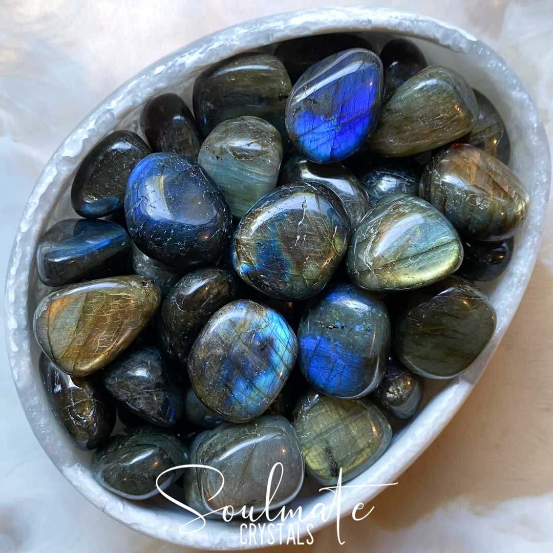 Soulmate Crystals Labradorite Tumbled Stone, Blue, Gold, Green Flash Polished Crystal for Intuition, Transformation, Higher Consciousness, Grade AA