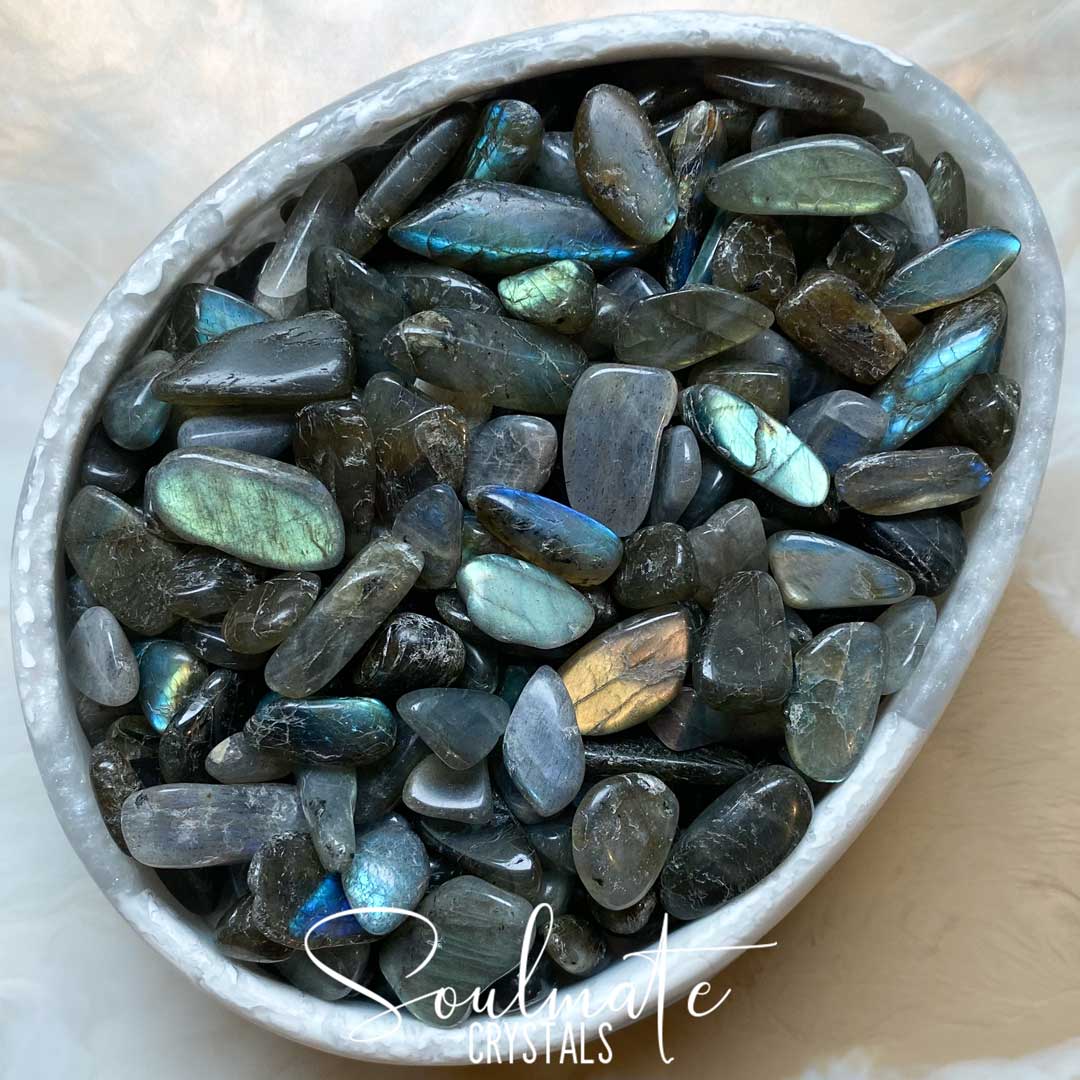 Soulmate Crystals Labradorite Tumbled Stone, Blue, Gold, Green Flash Polished Crystal for Intuition, Transformation, Higher Consciousness