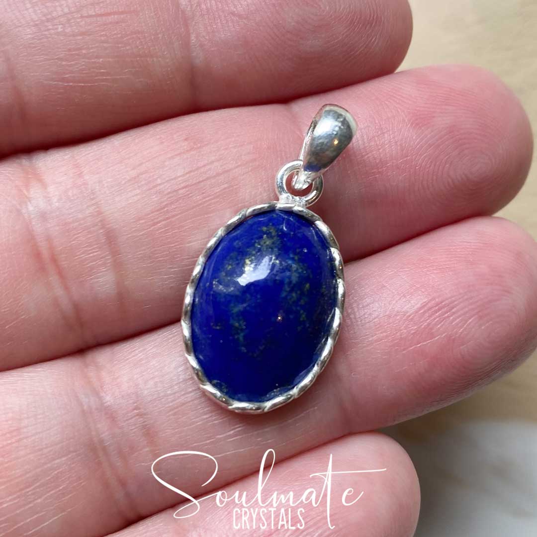 Soulmate Crystals Lapis Lazuli Polished Crystal Pendant Oval Sterling Silver Grade A, Polished Blue Lapis Lazuli Crystal for Wisdom, Spiritual Transformation, Pendant, Jewellery, Jewelry, Wearable Crystal Jewellery.