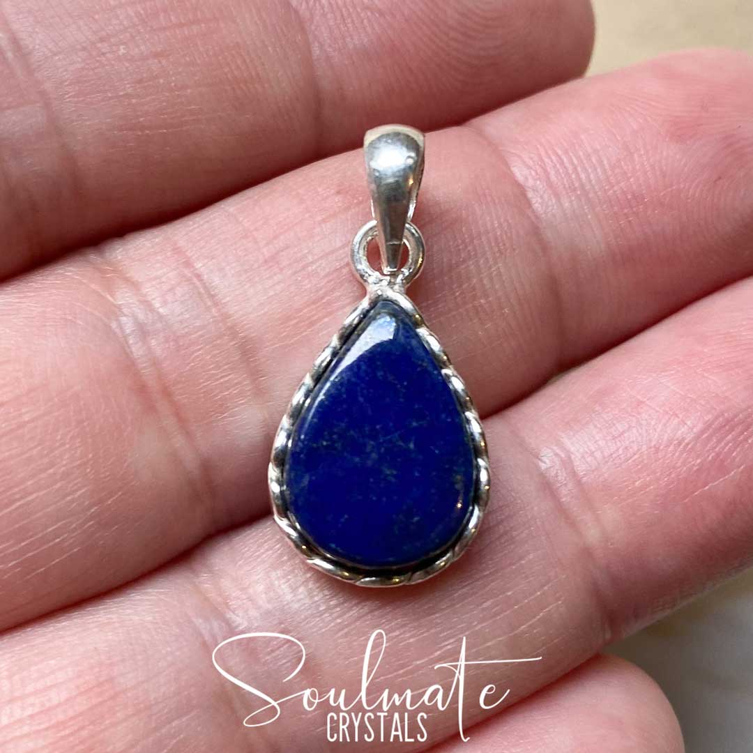 Soulmate Crystals Lapis Lazuli Polished Crystal Pendant Teardrop Sterling Silver Grade A, Polished Blue Lapis Lazuli Crystal for Wisdom, Spiritual Transformation, Pendant, Jewellery, Jewelry, Wearable Crystal Jewellery.