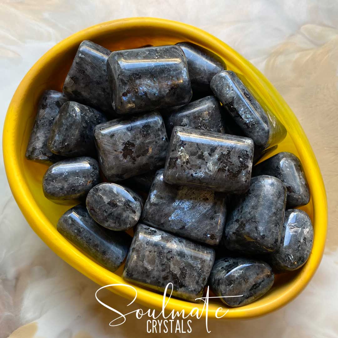 Soulmate Crystals Larvikite Tumbled Stone, Black Feldspar Polished Stone, Blue Silver Flash for Intuition, Size XL