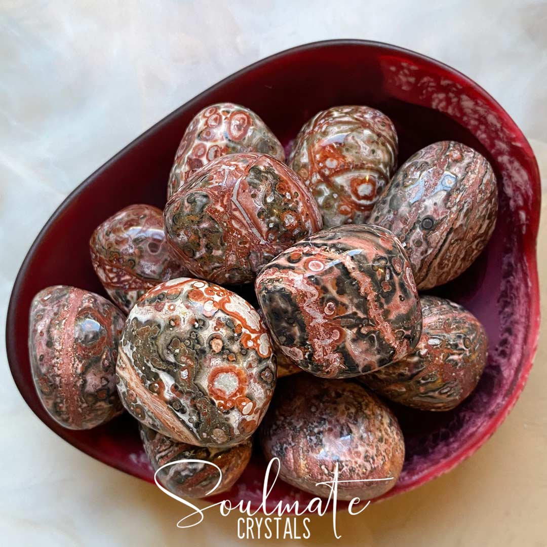 Soulmate Crystals Leopard Skin Jasper Tumbled Stone, Spotted Banded Pink Olive Green White Black Crystal for Spiritual Growth, Restoration, Protection.
