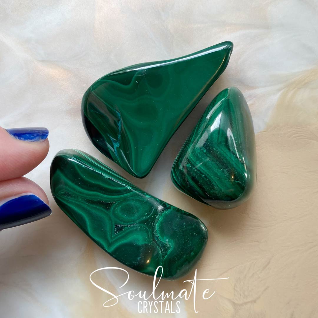 Soulmate Crystals Malachite Tumbled Stone, Orbicular Patterned Green Stone for Transformation, Detoxification.