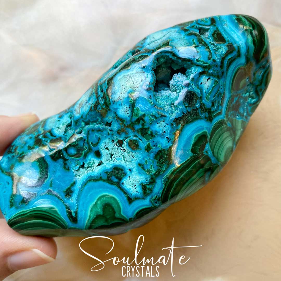 Soulmate Crystals Malacolla Polished Crystal Energy Stone, Crystal Freeform, Combination Blue Green Crystal of Malachite and Chrysocolla for Protection, Detoxification and Transformation.