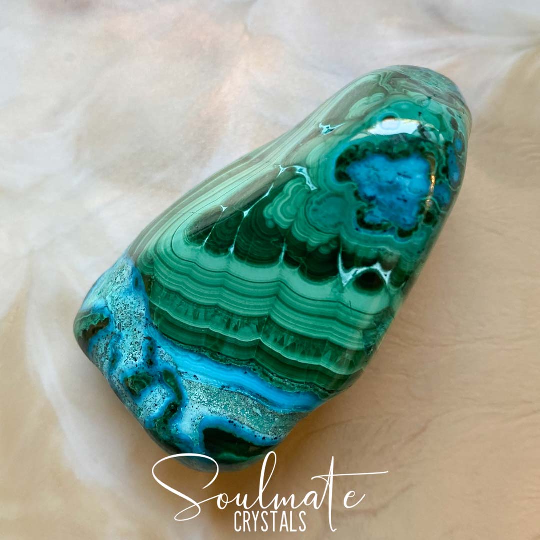 Soulmate Crystals Malacolla Polished Crystal Energy Stone, Crystal Freeform, Combination Blue Green Crystal of Malachite and Chrysocolla for Protection, Detoxification and Transformation.
