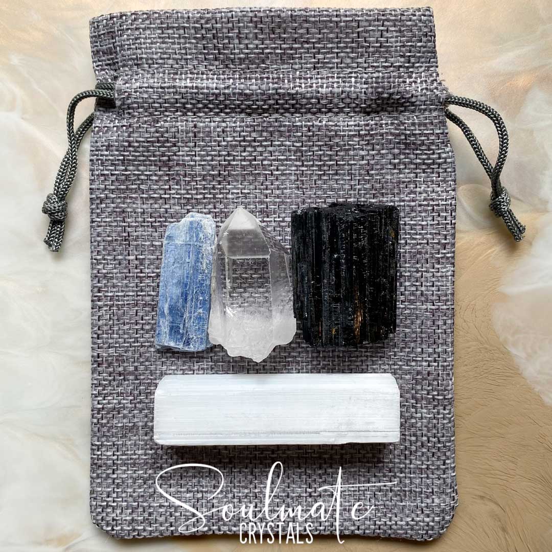 Soulmate Crystals Raw Natural Stone Meditation Crystal Set, Blue Kyanite Blade, Clear Quartz Crystal Point, Black Tourmaline Stone, White Selenite Rectangle Stick for Meditation, Crystal Meditation, Clarity, Peace, Wellbeing.