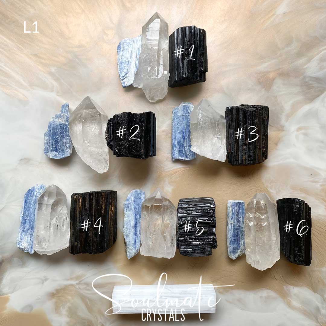 Soulmate Crystals Raw Natural Stone Meditation Crystal Set, Blue Kyanite Blade, Clear Quartz Crystal Point, Black Tourmaline Stone, White Selenite Rectangle Stick for Meditation, Crystal Meditation, Clarity, Peace, Wellbeing.