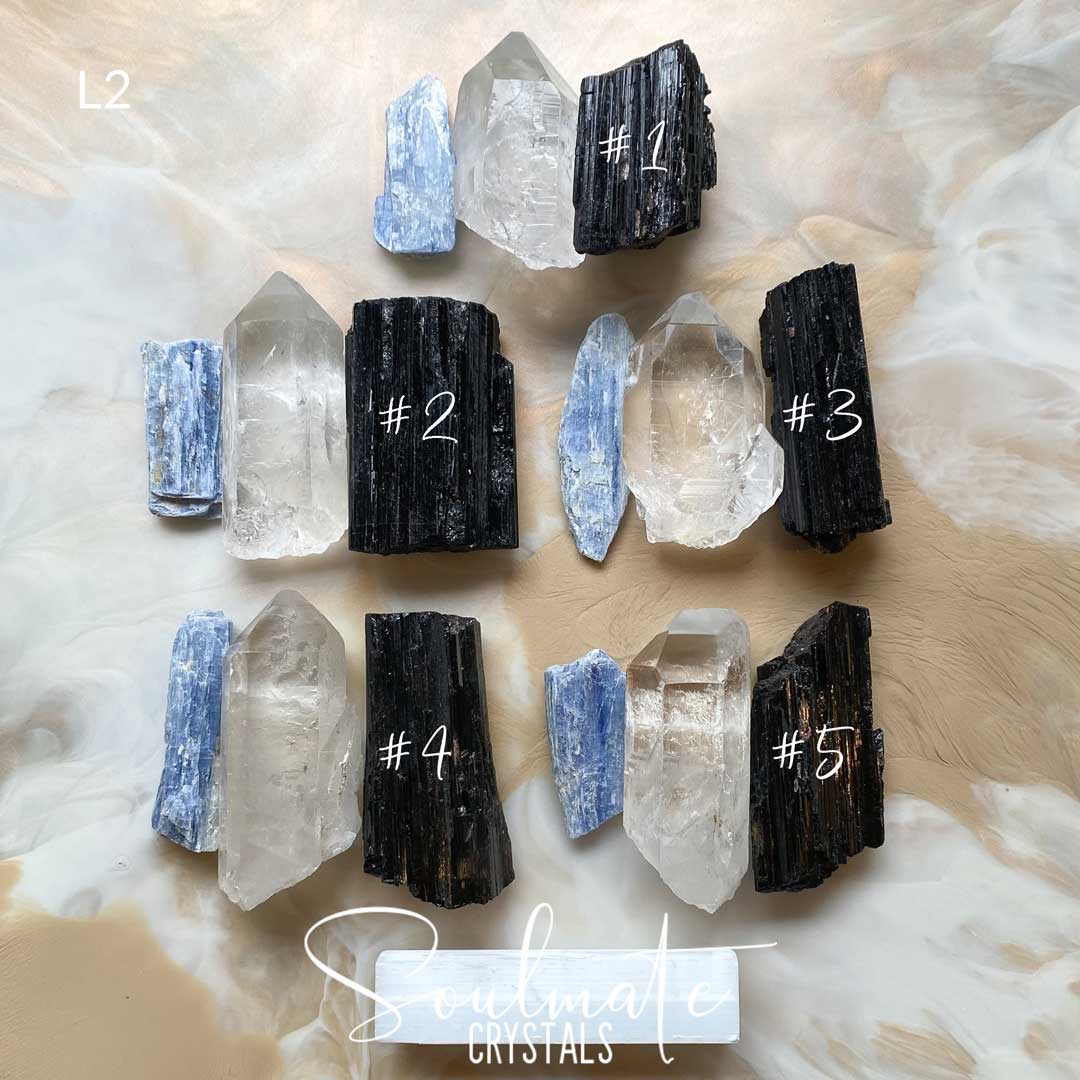 Soulmate Crystals Raw Natural Stone Meditation Crystal Set, Blue Kyanite Blade, Clear Quartz Crystal Point, Black Tourmaline Stone, White Selenite Rectangle Stick for Meditation, Crystal Meditation, Clarity, Peace, Wellbeing.