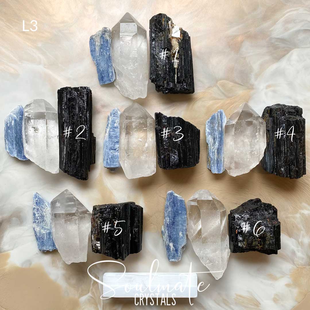 Soulmate Crystals Raw Natural Stone Meditation Crystal Set, Blue Kyanite Blade, Clear Quartz Crystal Point, Black Tourmaline Stone, White Selenite Rectangle Stick for Meditation, Crystal Meditation, Clarity, Peace, Wellbeing.