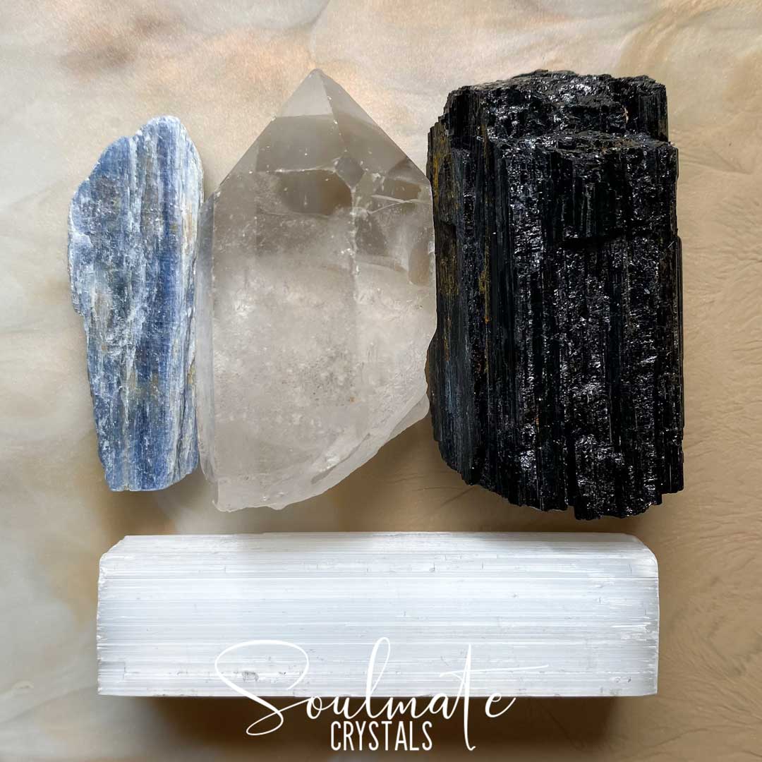 Soulmate Crystals Raw Natural Stone Meditation Crystal Set, Blue Kyanite Blade, Clear Quartz Crystal Point, Black Tourmaline Stone, White Selenite Rectangle Stick for Meditation, Crystal Meditation, Clarity, Peace, Wellbeing.