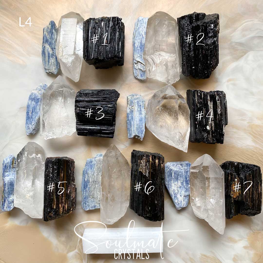 Soulmate Crystals Raw Natural Stone Meditation Crystal Set, Blue Kyanite Blade, Clear Quartz Crystal Point, Black Tourmaline Stone, White Selenite Rectangle Stick for Meditation, Crystal Meditation, Clarity, Peace, Wellbeing.