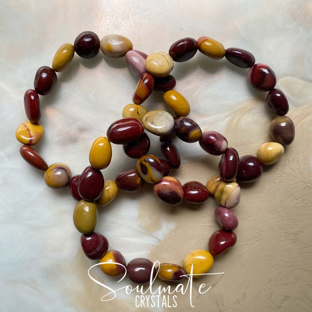 Soulmate Crystals Mookaite Jasper Polished Crystal Bracelet Tumbled, Australian Red Pink Yellow Crystal for Grounding, Protection, Harmony.