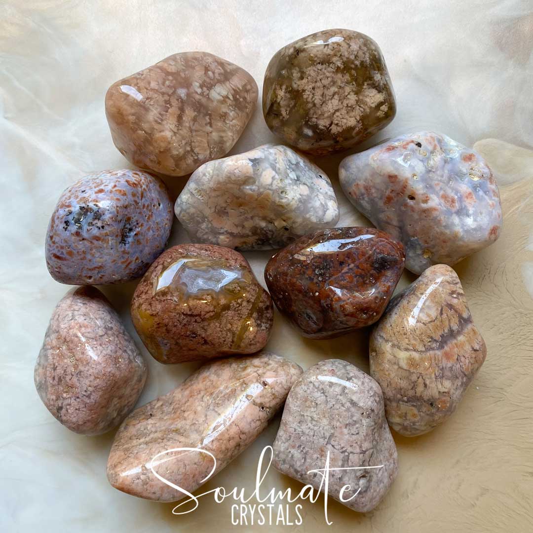 Soulmate Crystals Pink Moss Agate Tumbled Stone, Pink Peach Polished Crystals for Self-Love, Comfort