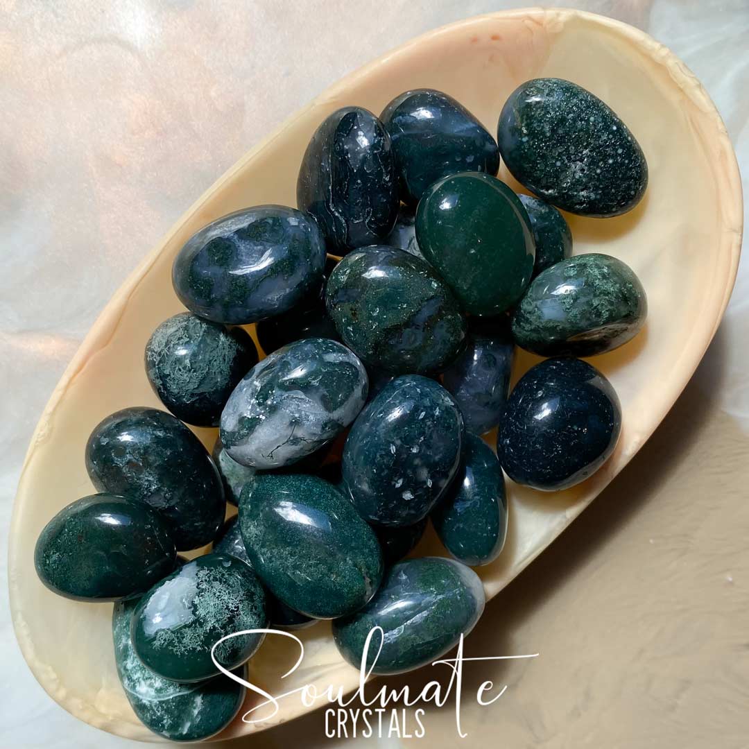 Soulmate Crystals Moss Agate Green Tumbled Stone, Mossy Green Crystal for Balance, Life Purpose, New Beginnings.