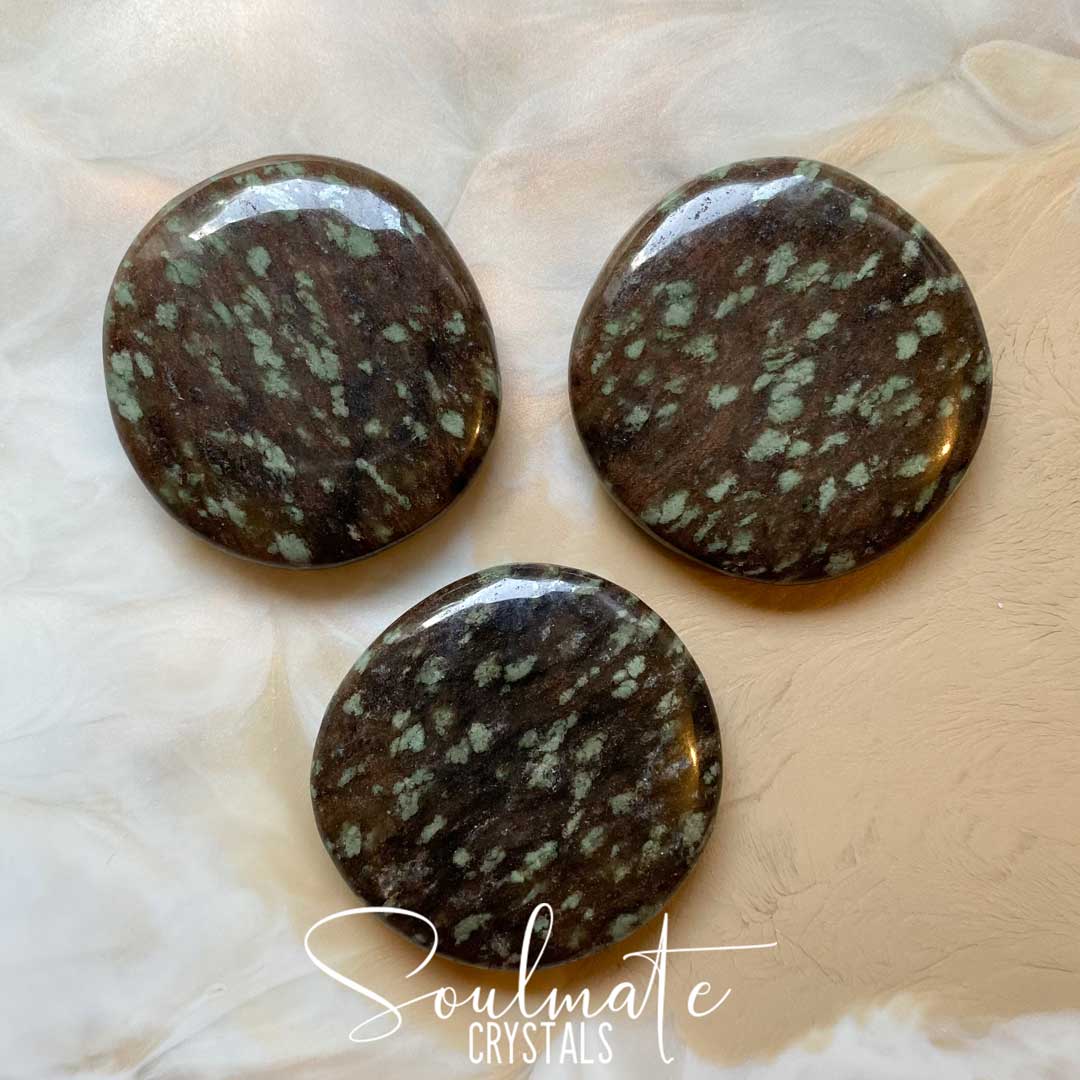 Soulmate Crystals Nundoorite Polished Crystal Palm Stone, Round Shaped Brown Stone with Green Spots, Crystal for Protection and Anxiety, Guardian Stone.