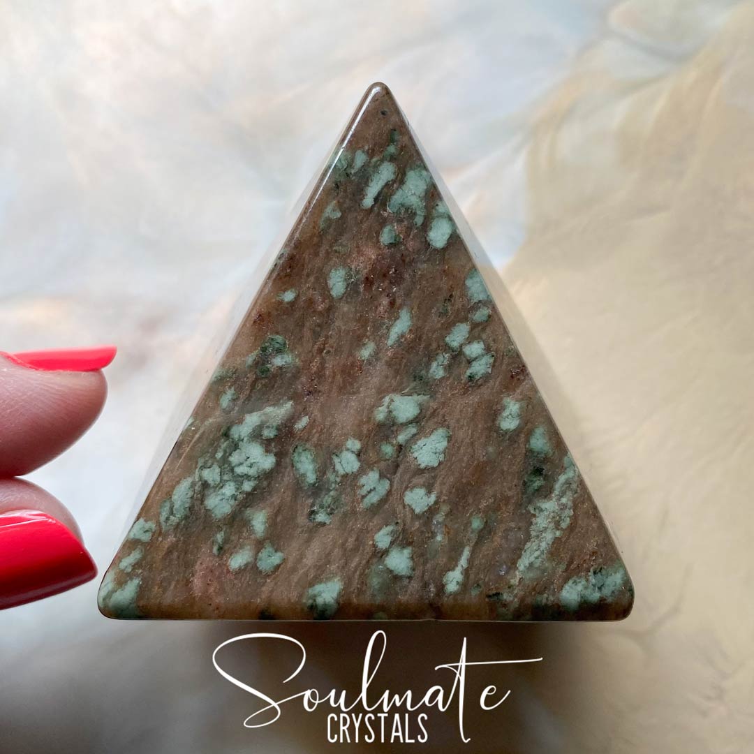 Soulmate Crystals Nundoorite Polished Crystal Pyramid, Mint Green Speckled Brown Crystal for Grounding, Protection, Guardian, Anxiety.