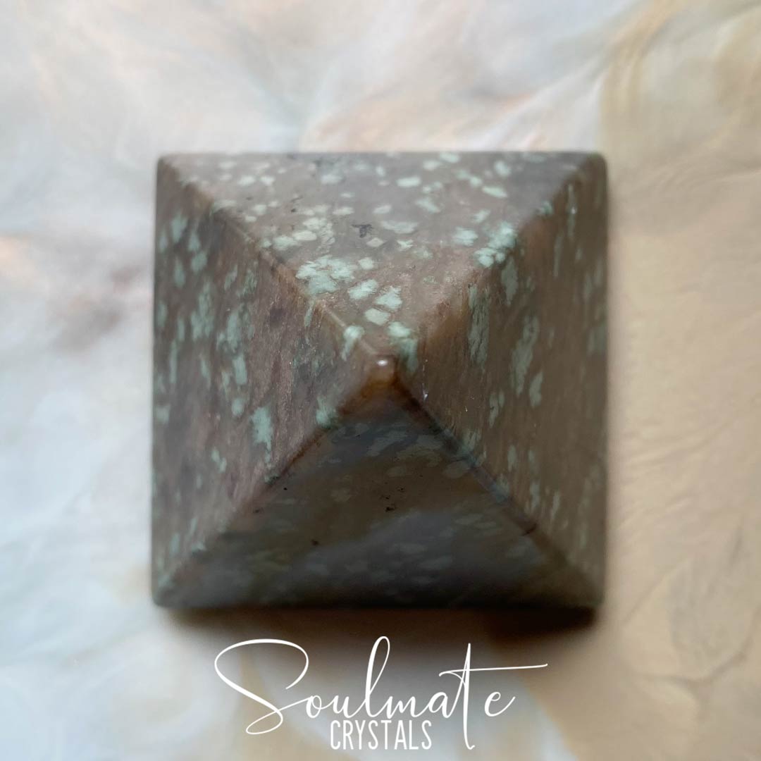 Soulmate Crystals Nundoorite Polished Crystal Pyramid, Mint Green Speckled Brown Crystal for Grounding, Protection, Guardian, Anxiety.