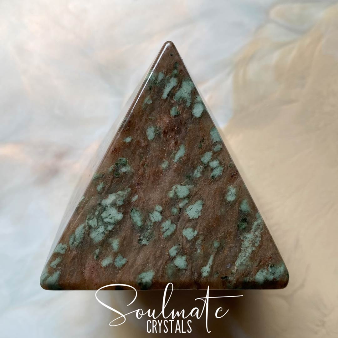 Soulmate Crystals Nundoorite Polished Crystal Pyramid, Mint Green Speckled Brown Crystal for Grounding, Protection, Guardian, Anxiety.