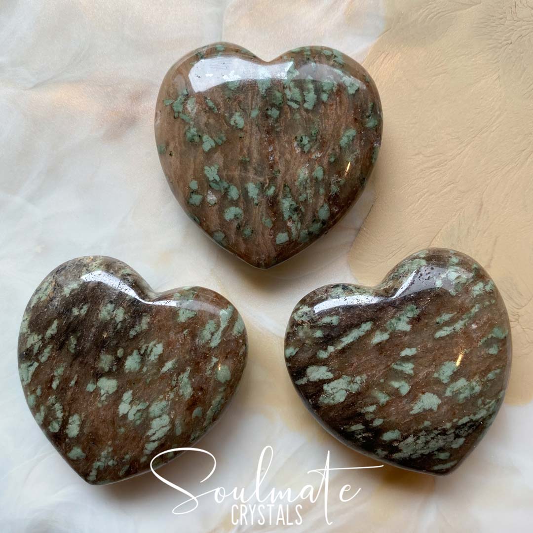 Soulmate Crystals Nundoorite Polished Stone Heart, Brown Crystal Heart, Mint Green Speckles, Guardian, Protection