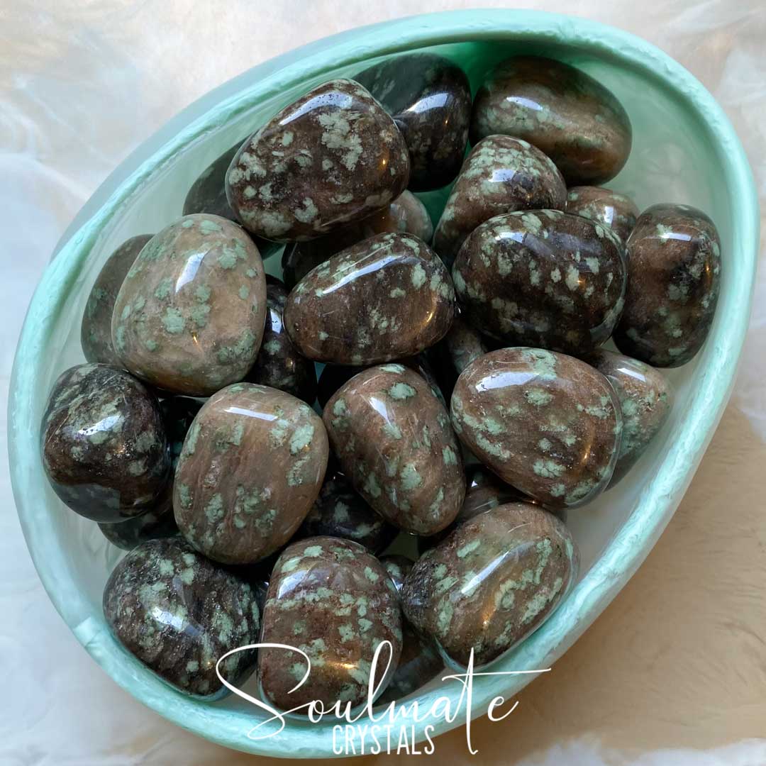 Soulmate Crystals Nundoorite Tumbled Stone, Brown Stone Mint Green Speckles, Guardian Stone, Protection.
