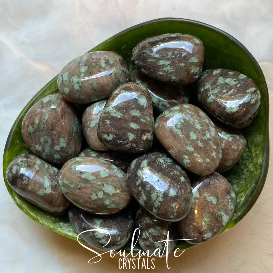 Soulmate Crystals Nundoorite Tumbled Stone, Brown Stone Mint Green Speckles, Guardian Stone, Protection.