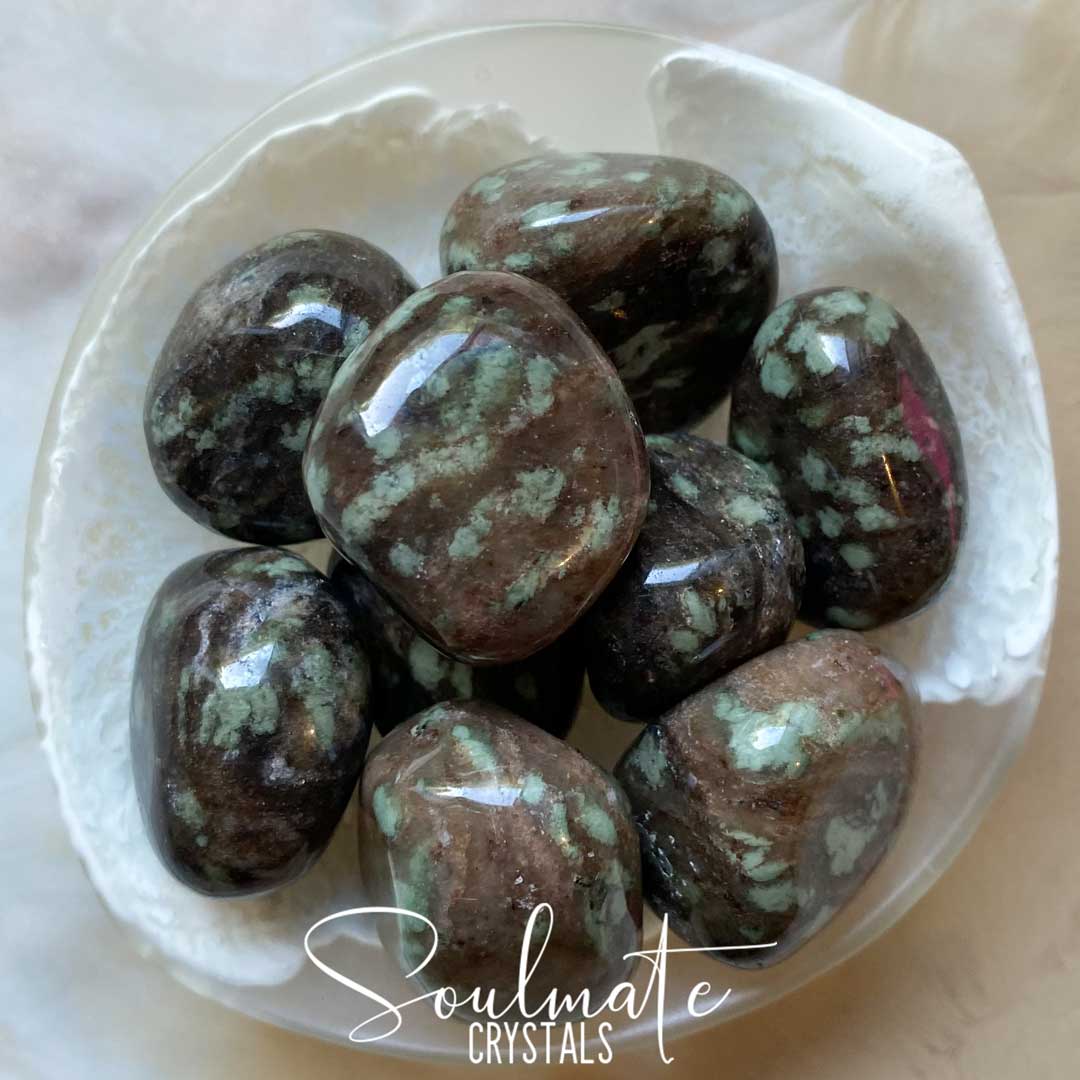 Soulmate Crystals Nundoorite Tumbled Stone, Brown Stone Mint Green Speckles, Guardian Stone, Protection.
