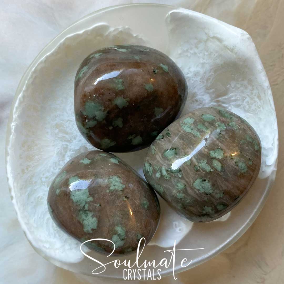 Soulmate Crystals Nundoorite Tumbled Stone, Brown Stone Mint Green Speckles, Guardian Stone, Protection.