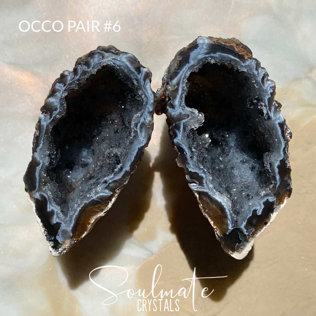 Soulmate Crystals Occo Druze Agate Raw Natural Geode Love Pair, Two Half Matching Geodes.