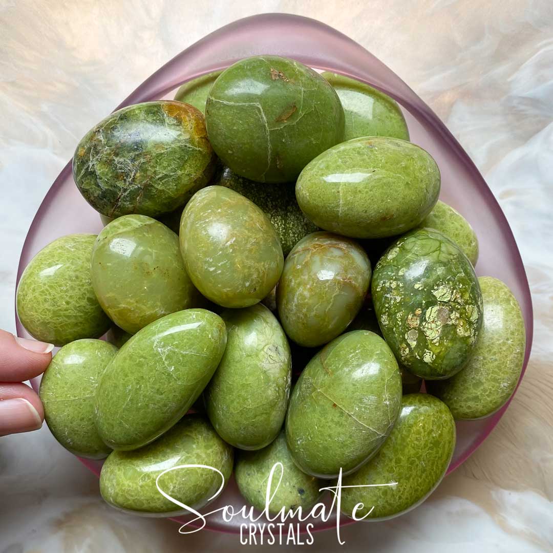 Soulmate Crystals Olive-Green Opal Polished Crystal Pebble, Green Crystal for Cleansing, Soothing, Restoration, Heart, Nurturing, Relationships.