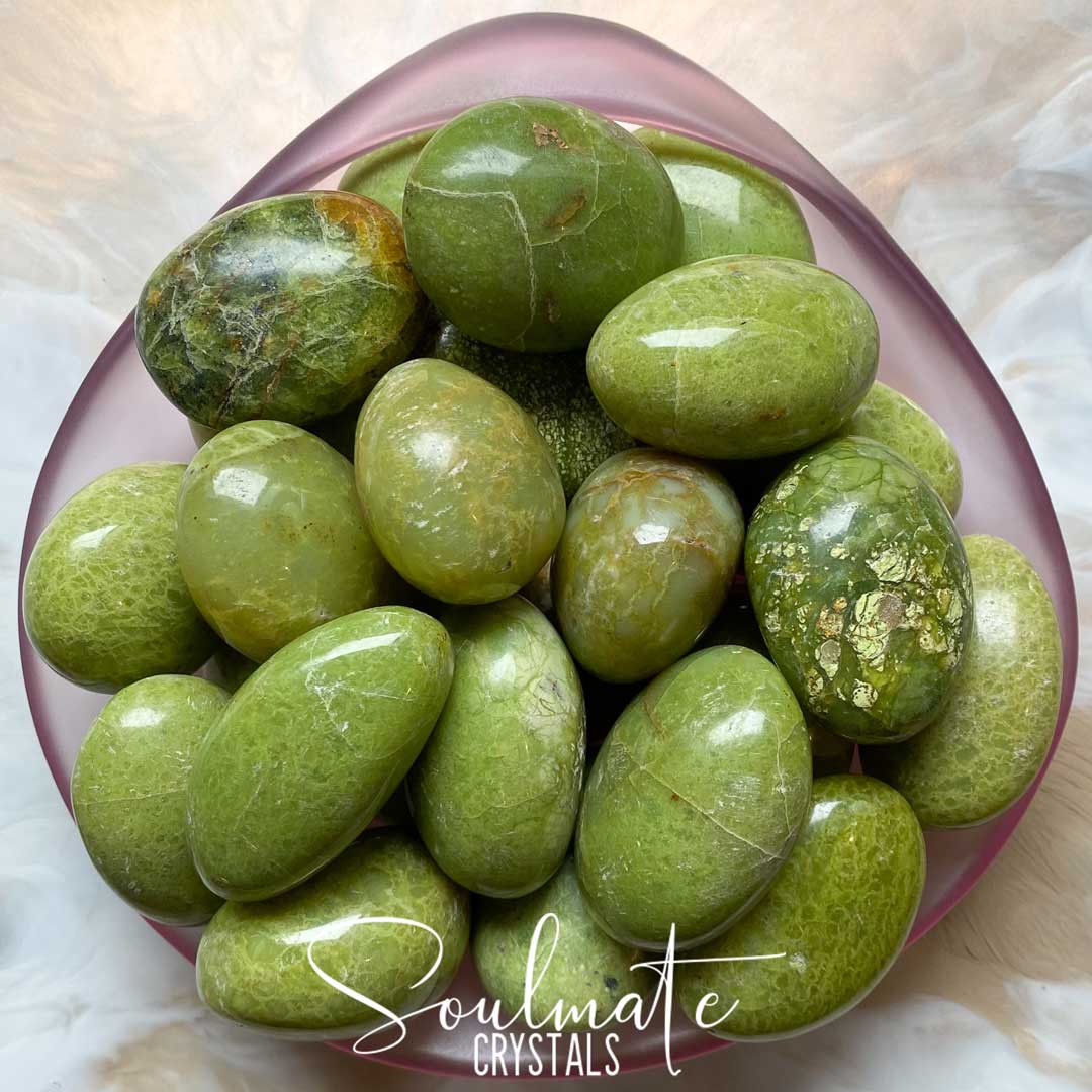 Soulmate Crystals Olive-Green Opal Polished Crystal Pebble, Green Crystal for Cleansing, Soothing, Restoration, Heart, Nurturing, Relationships.