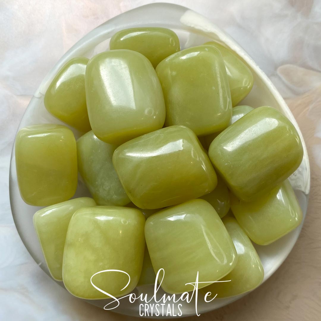 Soulmate Crystals Olivian Jade Tumbled Stone, Polished Light Olive Green Crystal for Luck, Wealth, Employment, Emotional Wellbeing.