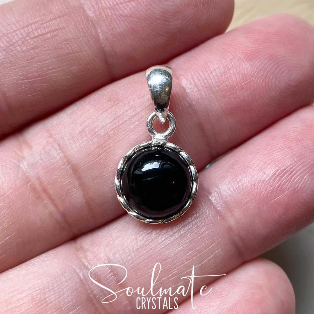 Soulmate Crystals Black Onyx Polished Cystal Pendant Round Sterling Silver, Polished Black Crystal for Protection, Strength and Grounding, Pendant, Jewellery, Jewelry, Wearable Crystal Jewellery.