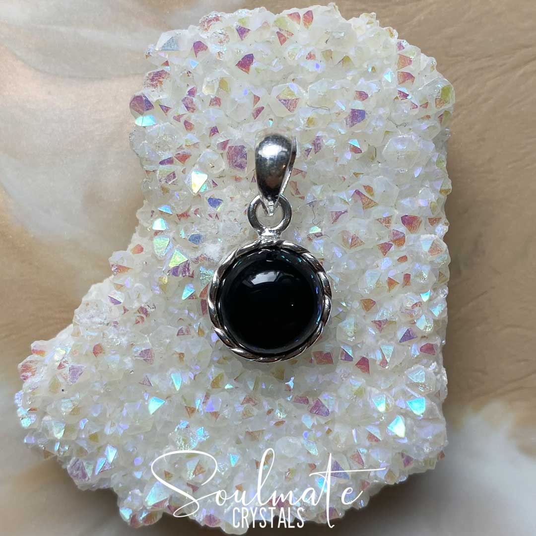 Soulmate Crystals Black Onyx Polished Cystal Pendant Round Sterling Silver, Polished Black Crystal for Protection, Strength and Grounding, Pendant, Jewellery, Jewelry, Wearable Crystal Jewellery.