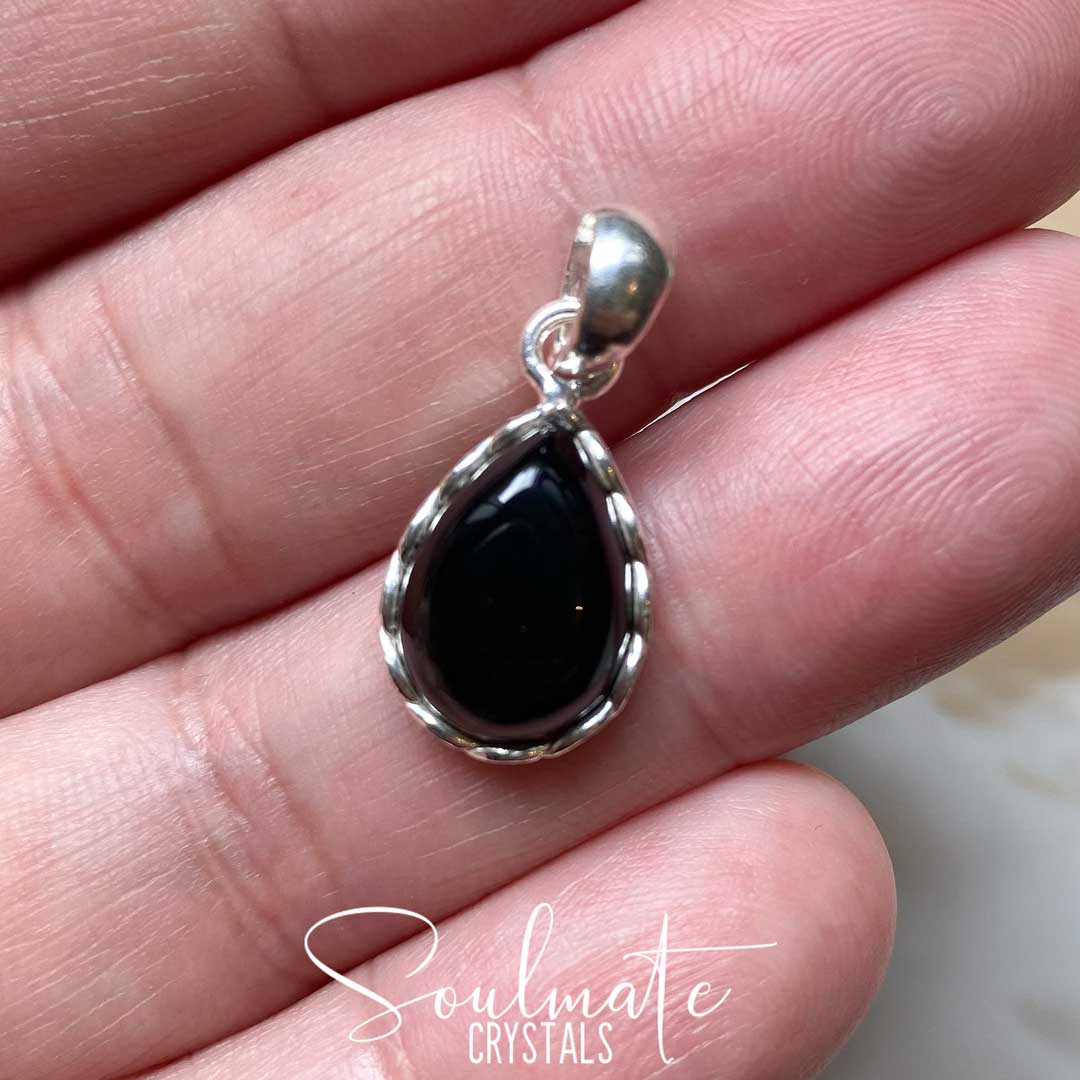 Soulmate Crystals Black Onyx Polished Cystal Pendant Teardrop Sterling Silver, Polished Black Crystal for Protection, Strength and Grounding, Pendant, Jewellery, Jewelry, Wearable Crystal Jewellery.
