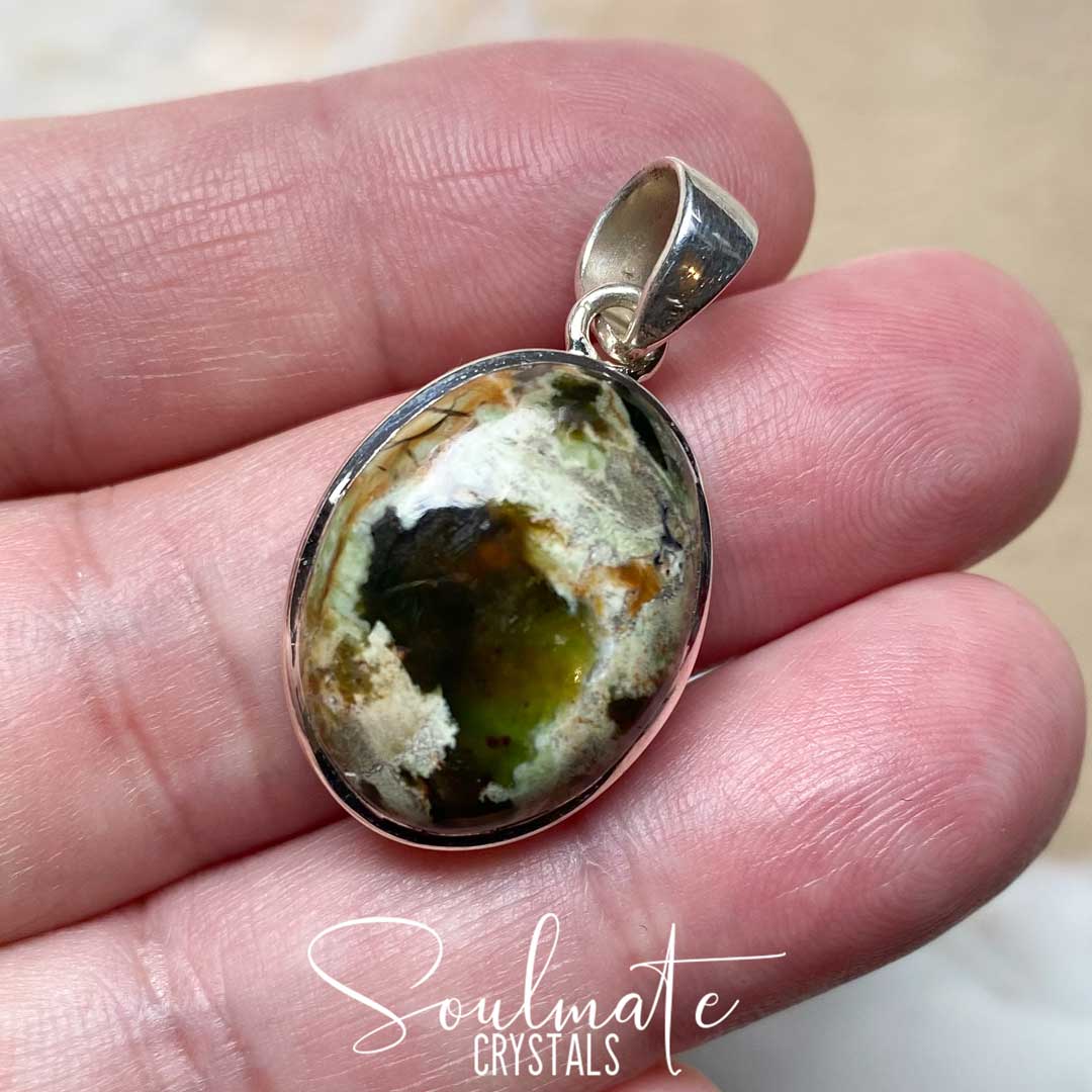 Soulmate Crystals Opalite Green Polished Crystal Pendant Oval Sterling Silver Grade A, Green Crystal for Cleansing, Soothing, Restoration, Heart, Nurturing, Relationships, Crystal Jewellery.