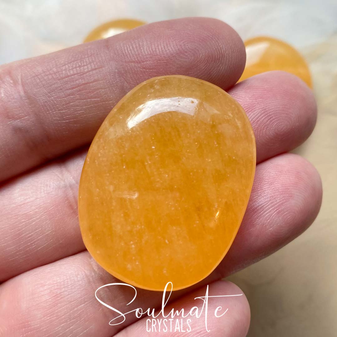 Soulmate Crystals Orange Calcite Polished Palm Stone, Orange Crystal for Vitality, Self-Esteem, Creativity.
