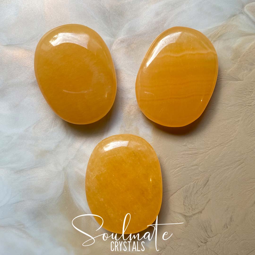 Soulmate Crystals Orange Calcite Polished Palm Stone, Orange Crystal for Vitality, Self-Esteem, Creativity.