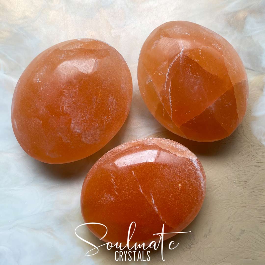 Soulmate Crystals Orange Peach Selenite Palm Stone, Peach Orange Crystal Oval Shaped Crystal for Creativity, Size XL, Extra Large