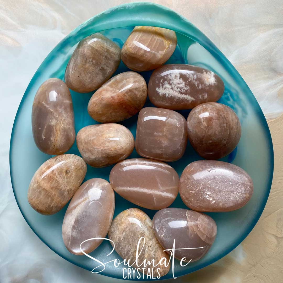 Soulmate Crystals Peach Moonstone Tumbled Stone, Polished Blush Peach Crystal for Emotional Wellbeing, Moon Energy, Size Medium