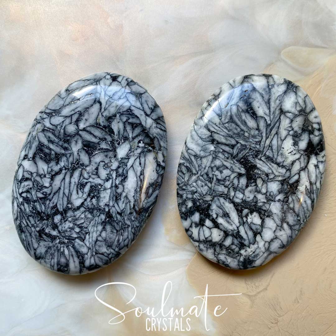 Soulmate Crystals Pinolith Polished Palm Stone, Black and White Patterned Crystal for Wisdom, Spiritual Growth, Transformation.