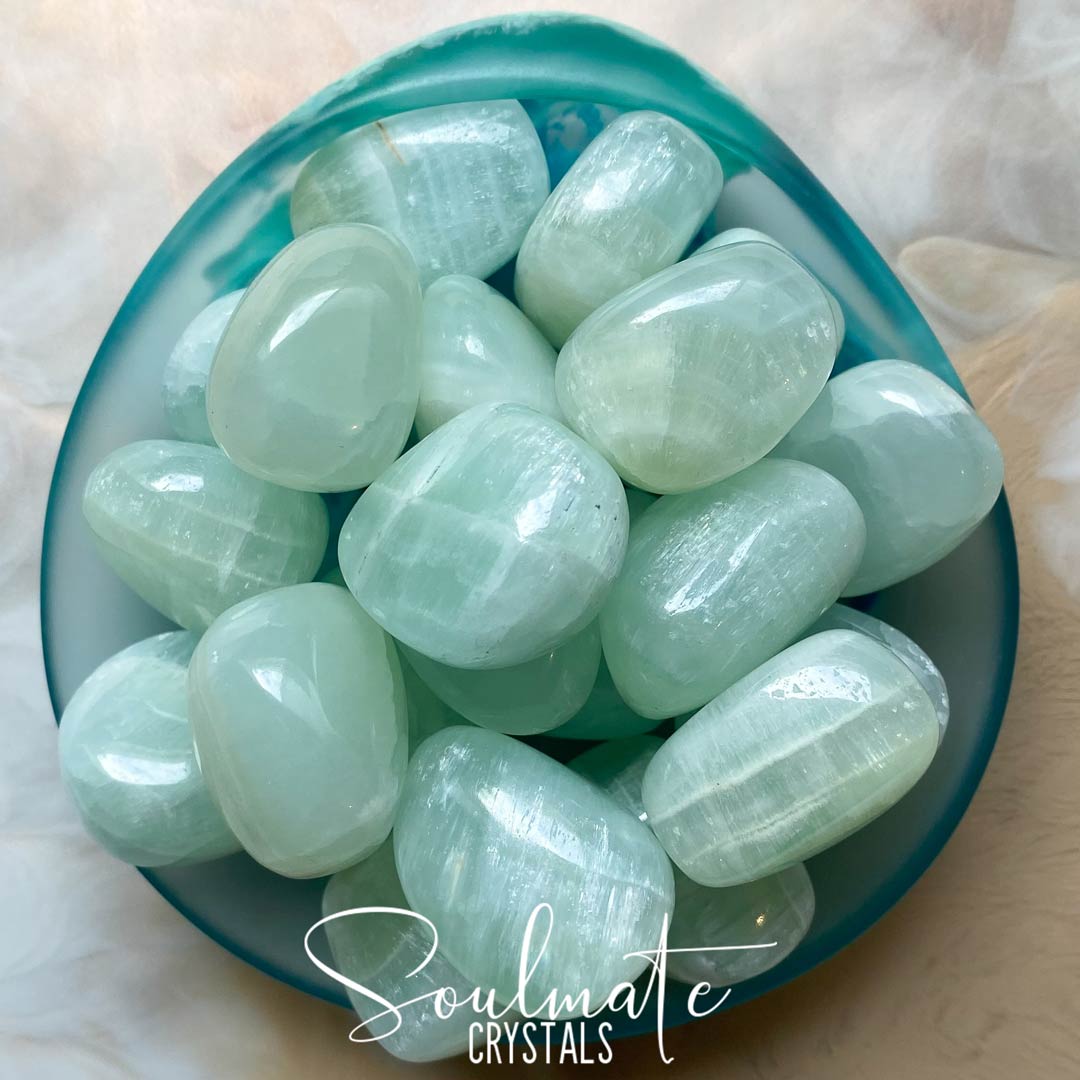 Soulmate Crystals Pistachio Calcite Tumbled Stone, Seafoam Green Crystal for Meditation, Rejuvenation and Transformation