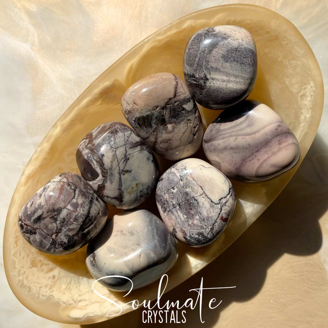 Soulmate Crystals Porcelain Jasper Tumbled Stone, Purple Cream Swirled Crystals for Grounding and Balance
