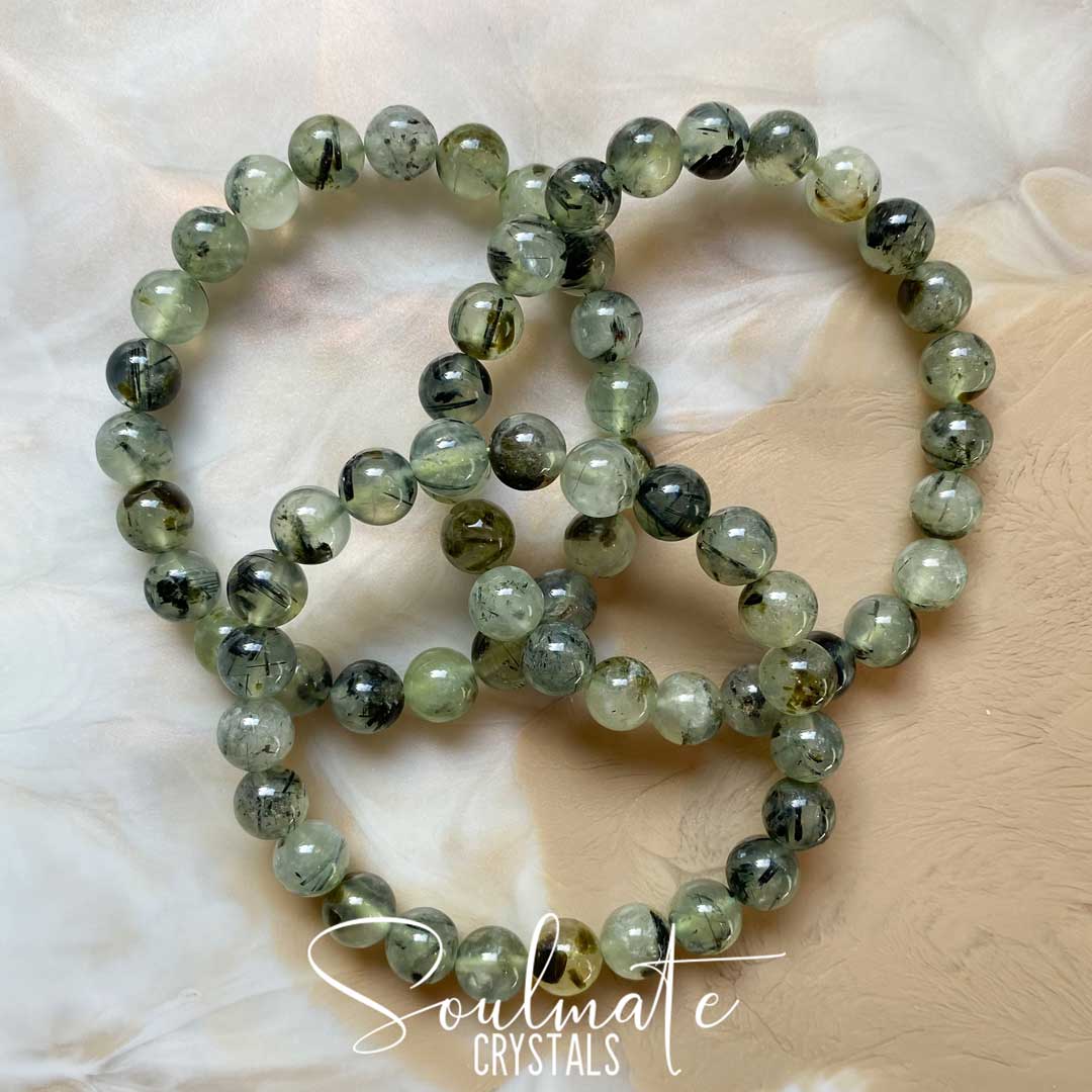Soulmate Crystals Prehnite Epidote Polished Crystal Bracelet, Green Crystal for Emotional Wellbeing, Stability, Deeper Awareness, Soothing, Calming, Beaded Bracelet.