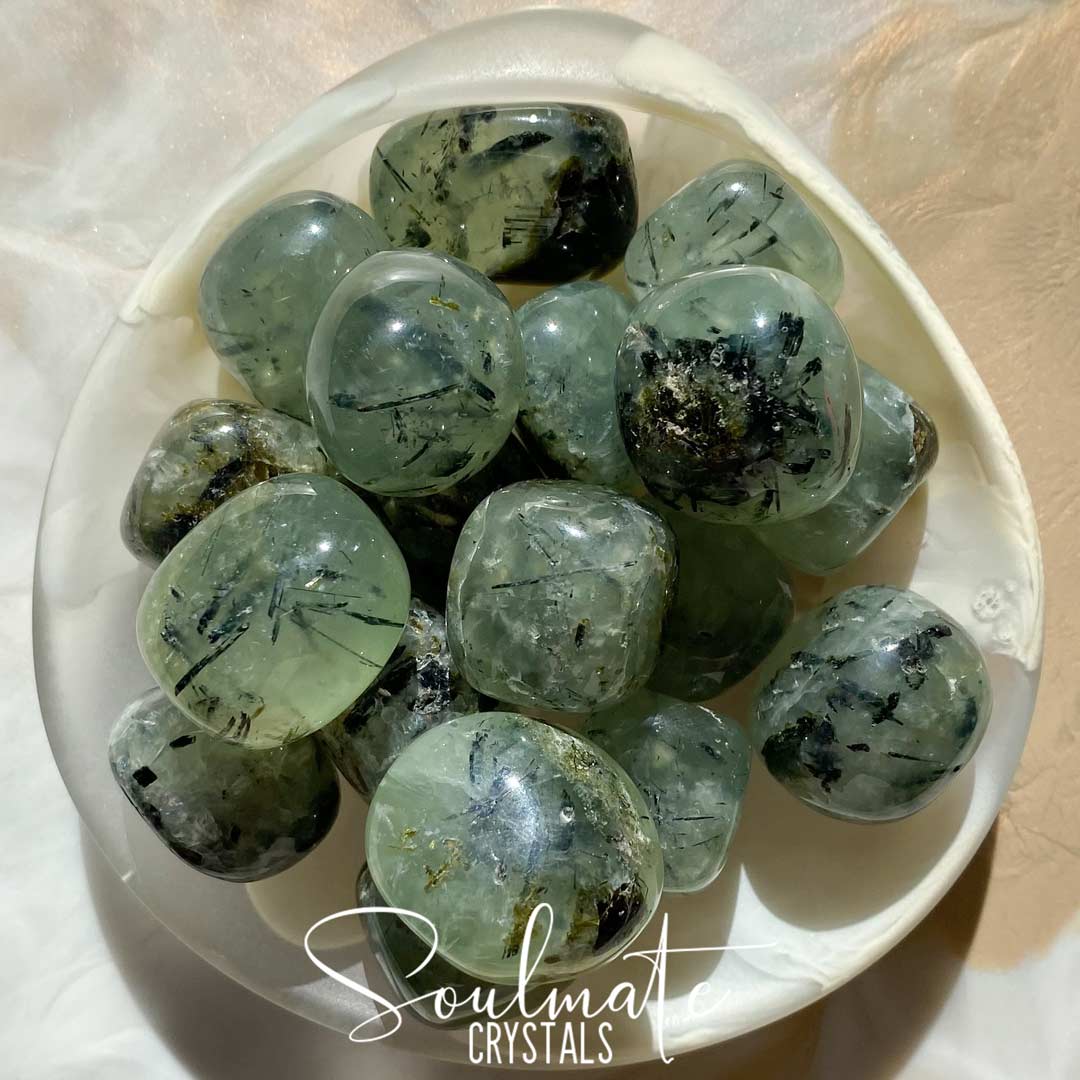 Soulmate Crystals Prehnite Epidote Tumbled Stone, Translucent Olive Green Crystal, Rutile Epidote Black Tourmaline Inclusions for Protection, Cleansing, Emotional Wellbeing, Calm, Stability, Awareness, Restoration.